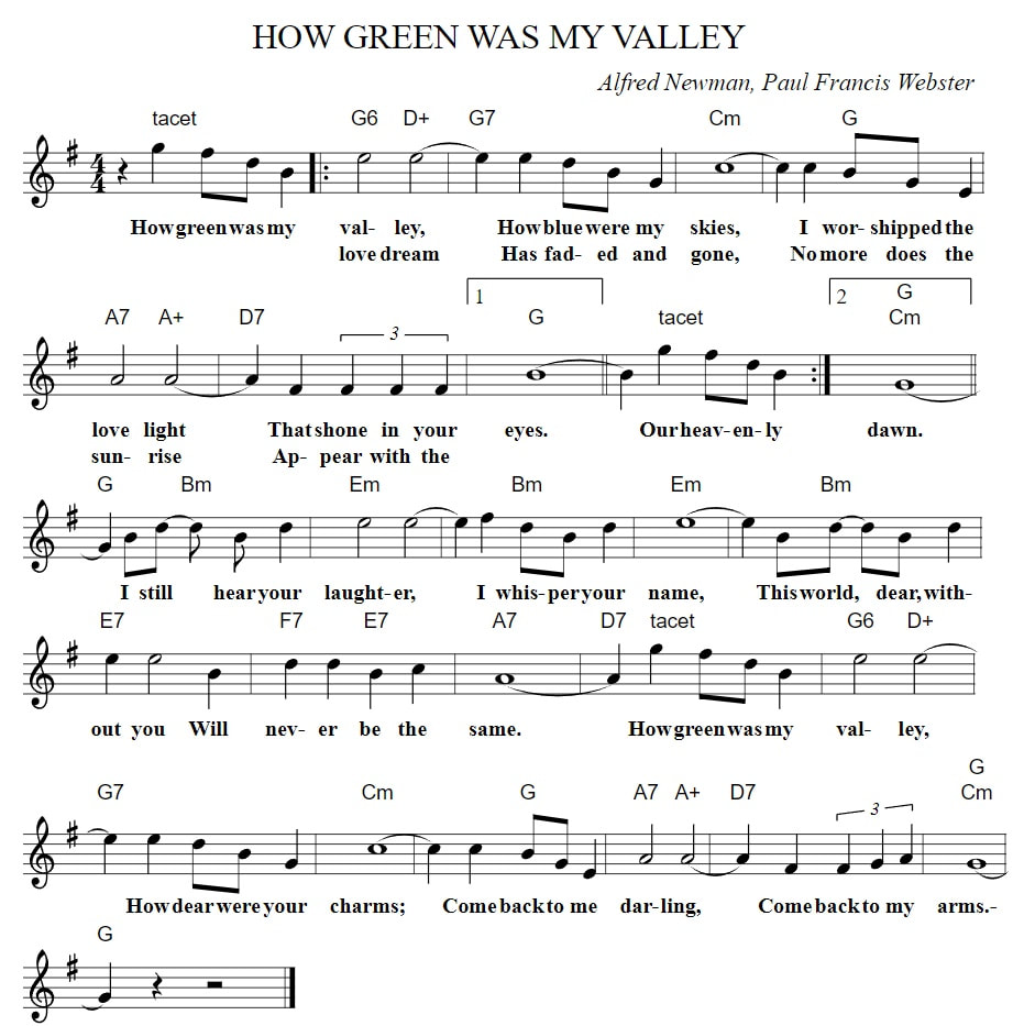 How Green Was My Valley Piano Sheet Music With Chords
