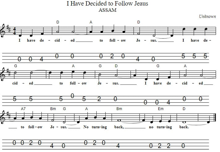 I Have Decided To Follow Jesus Easy Sheet Music And Mandolin Tab