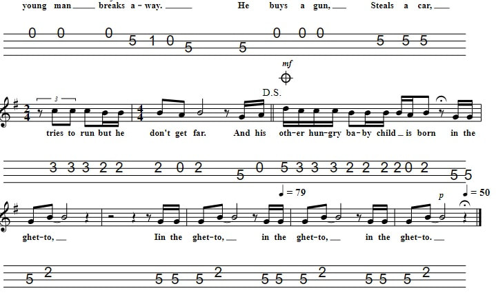 In The Getto Sheet Music And Mandolin Tab By Elvis verse three