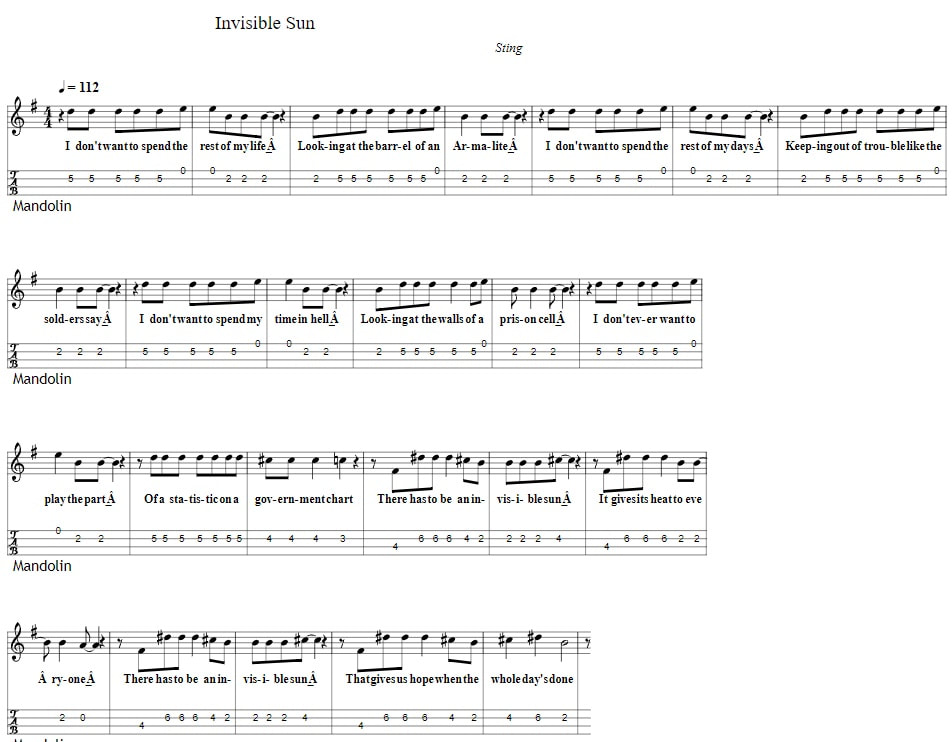 Invisible Sun The Police Sheet Music And Mandolin Tab