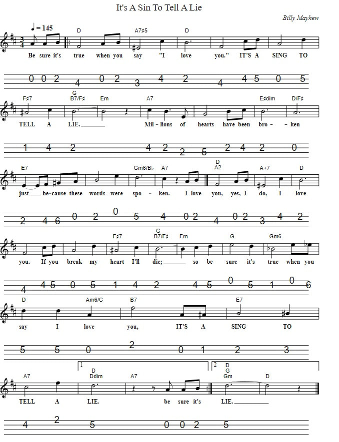 It's A Sin To Tell A Lie Sheet Music Mandolin Tab And Chords
