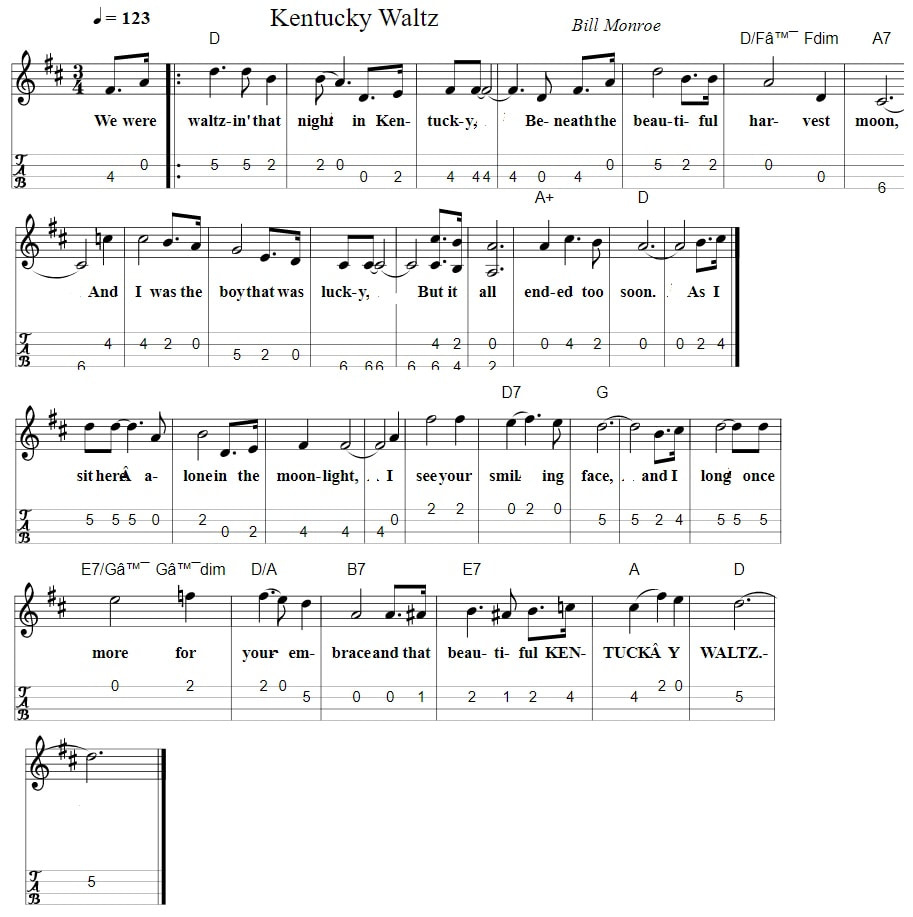 Kentucky waltz mandolin fingerstyle tab with chords