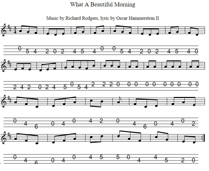 Oh what a beautiful morning mandolin tab in D Major