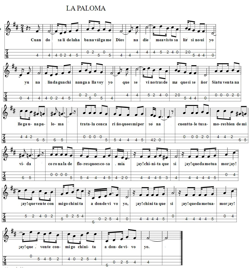 La paloma mandolin tab in D Major