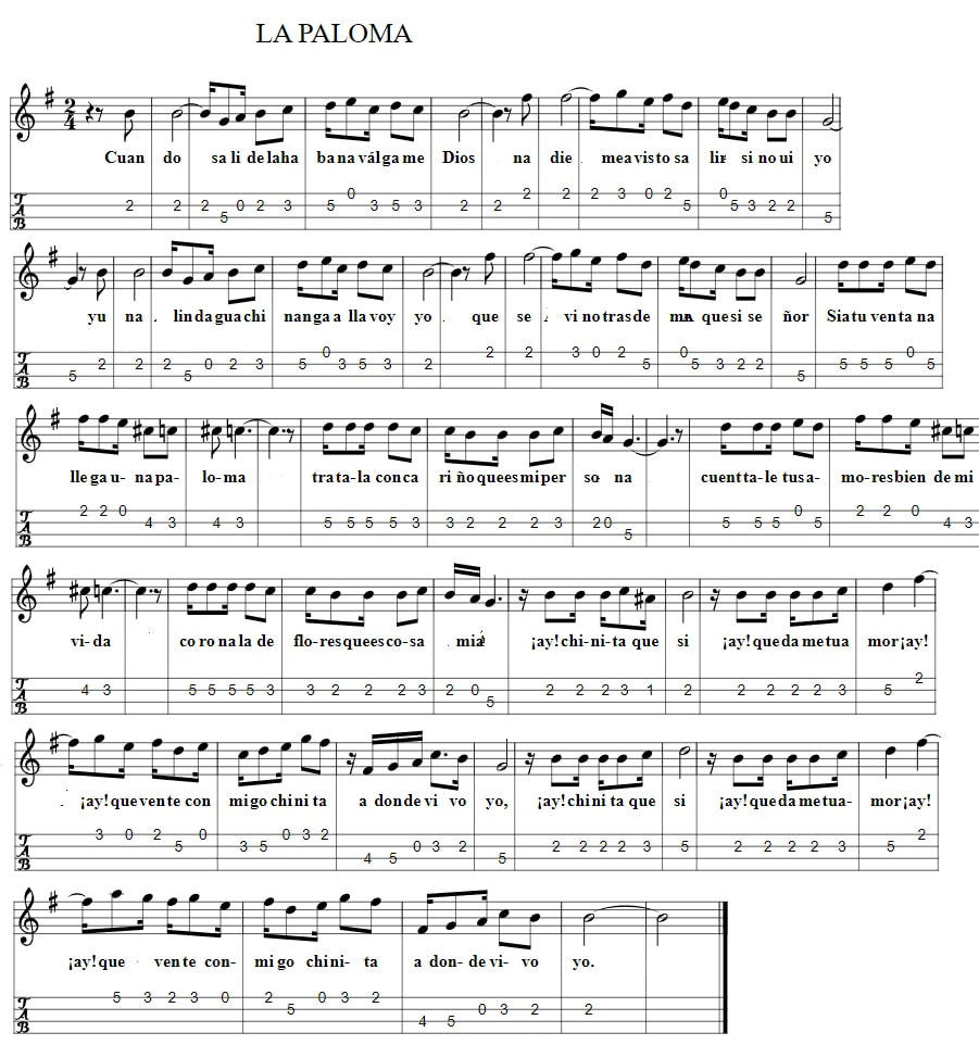 La paloma mandolin tab in the key of G Major
