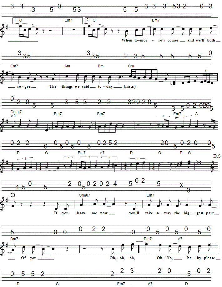 If you leave me now sheet music with chords and banjo / mandolin tab