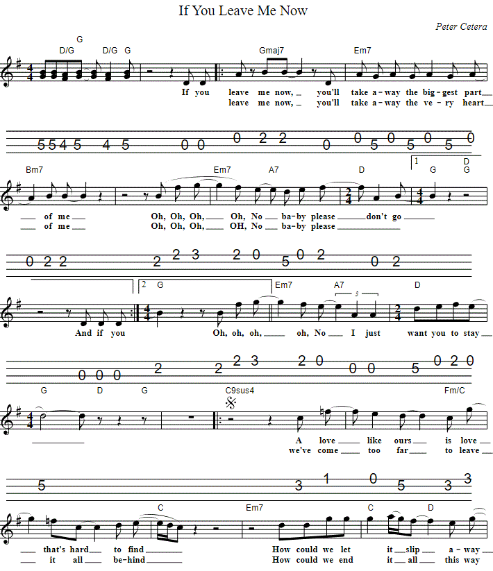 If you leave me now sheet music and banjo / mandolin tab