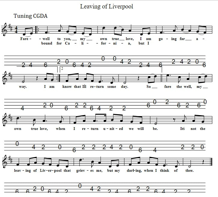 The leaving of Liverpool mandolin tab in CGDA Tuning