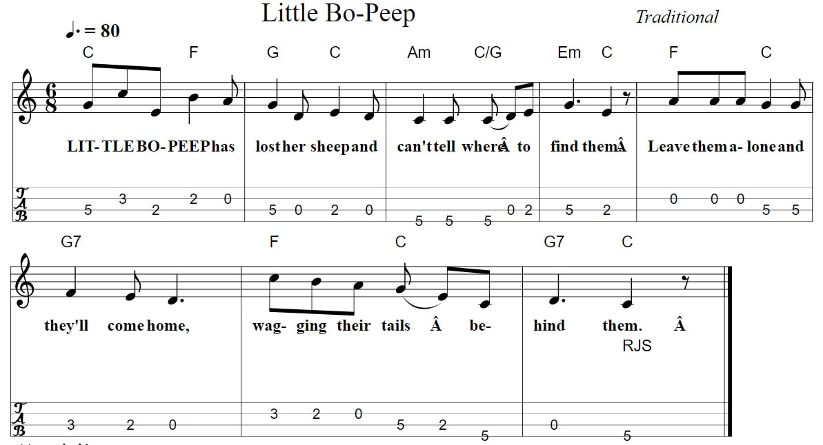 Little bo peep tenor banjo tab for kids