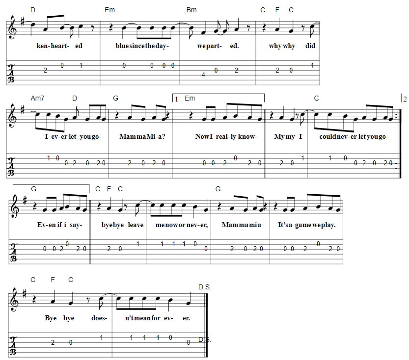 Mamma Mia Guitar Tab With Chords by Abba part two