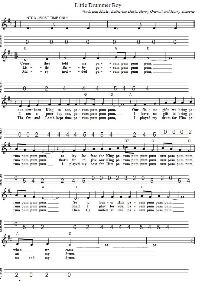 Mandolin tab for The Little Drummer Boy In D