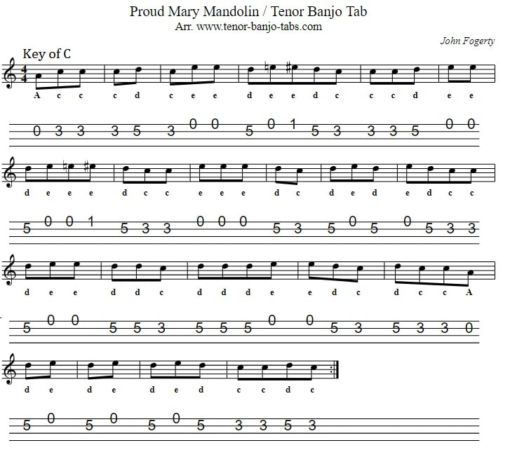 Mandolin tab for proud Mary in C Major