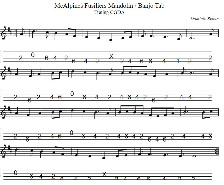 McAlpine's Fusiliers Mandolin TAB IN cgda tUNING