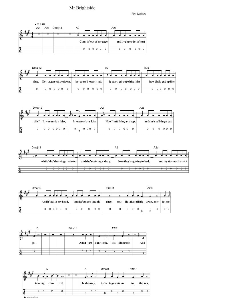 Mr Brightside Mandolin Sheet Music By The Killers