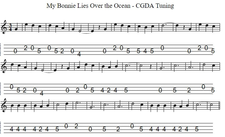 My Bonnie lies over the ocean mandolin tab in CGDA Tuning