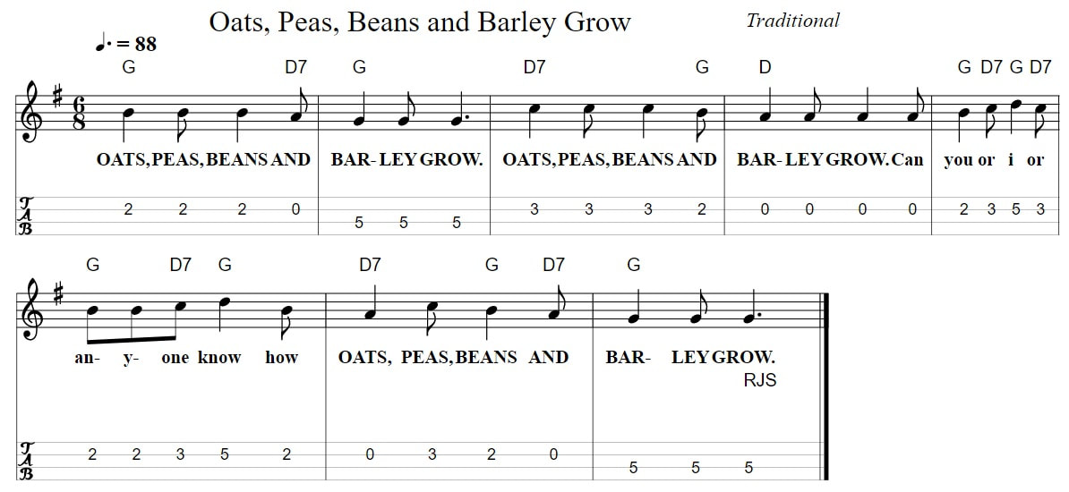 Oats peas beans tenor banjo tab for children