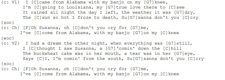 Oh Susanna chords for guitar and mandolin