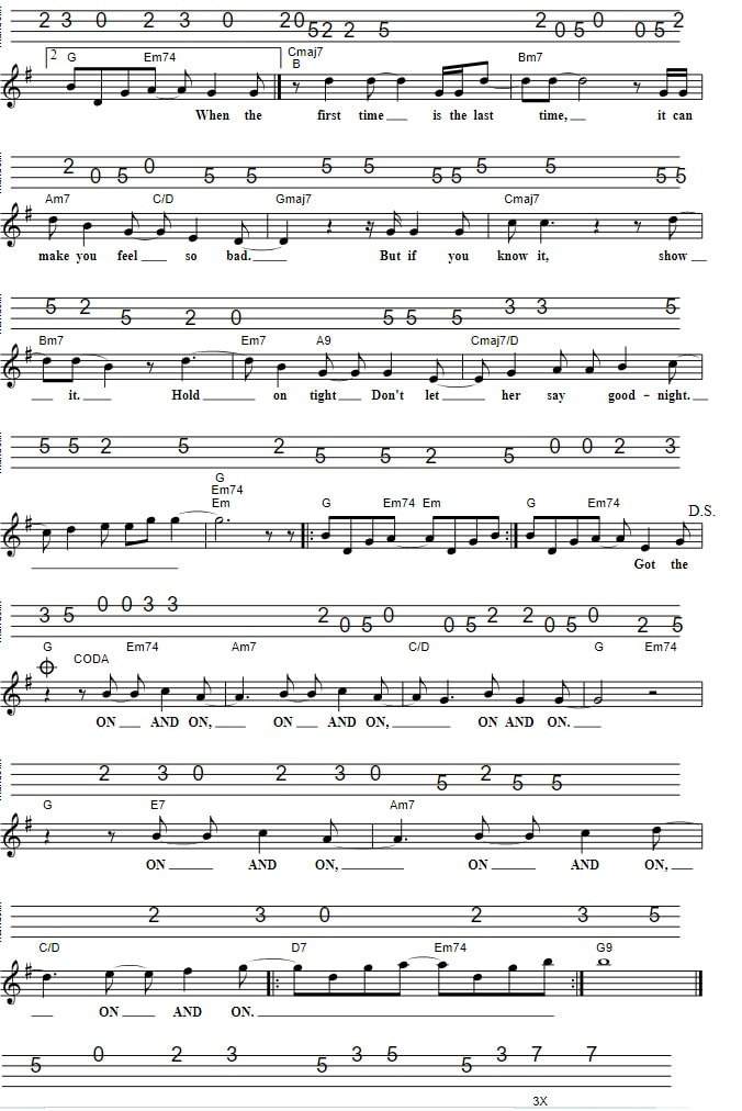 On And On Sheet Music And Mandolin Tab with guitar chords