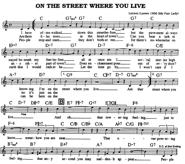 On the street where you live piano sheet music with chords