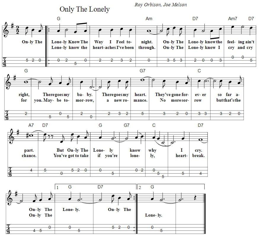 Only the lonely piano sheet music with chords and mandolin tab