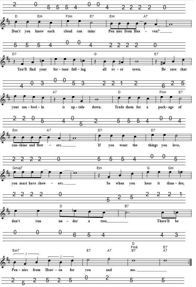 Pennies From Heaven Sheet Music And Mandolin Tab verse two