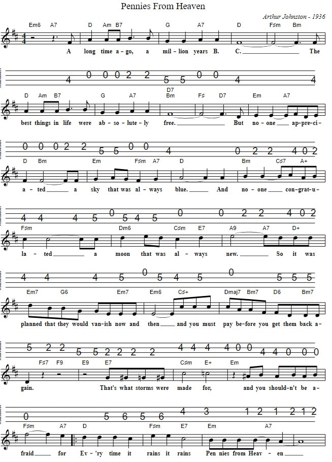 Pennies From Heaven Sheet Music And Mandolin Tab