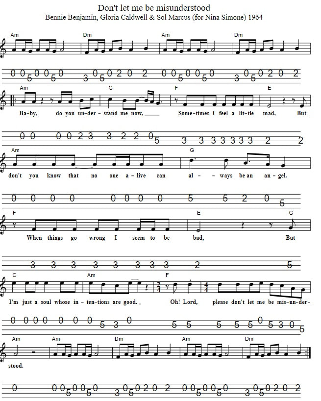 Please Don't Let Me Be Misunderstood Mandolin Tab in C Major