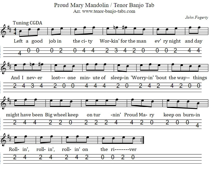 Proud Mary mandolin tab in CGDA Tuning