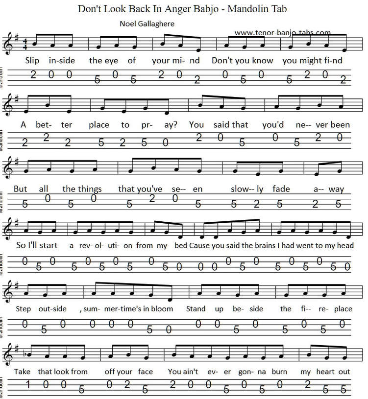 dONT LOOK BACK IN ANGER SHEET MUSIC AND MANDOLIN TAB