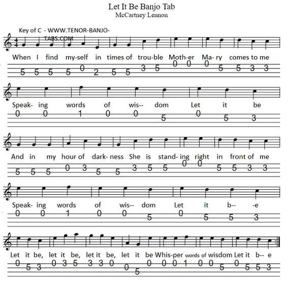 Let it be sheet music notes for mandolin and banjo
