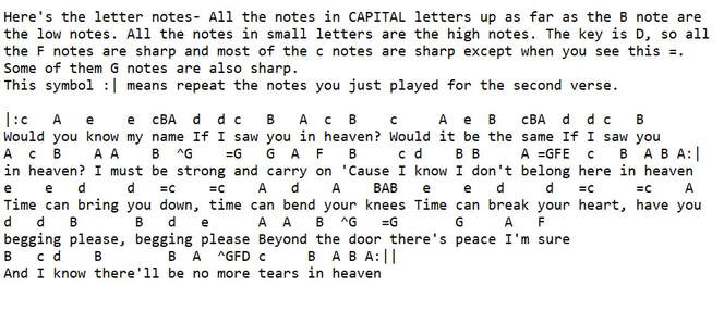 Tears in Heaven easy letter notes