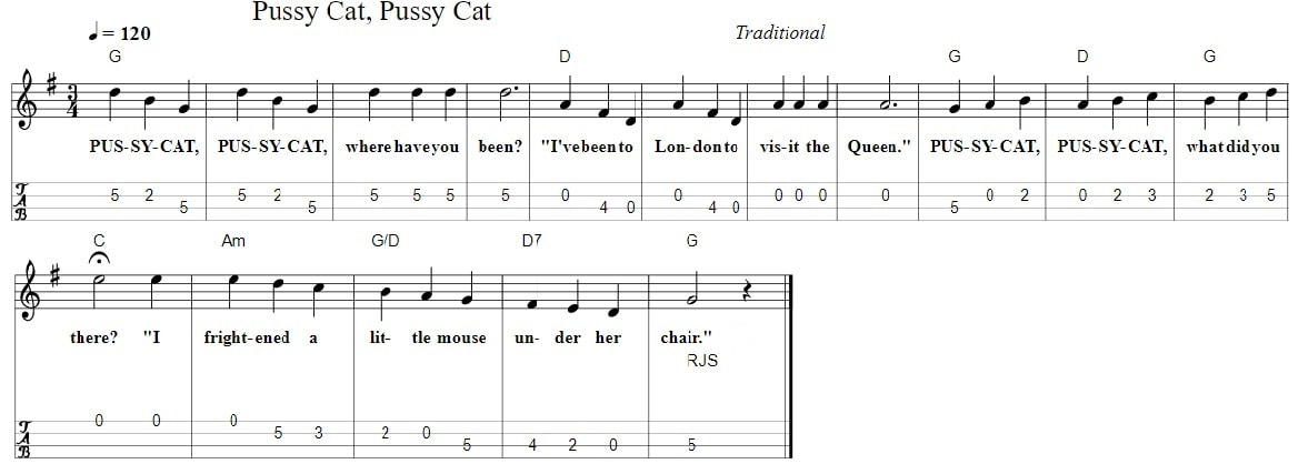 Pussy Cat tenor banjo tab for kids