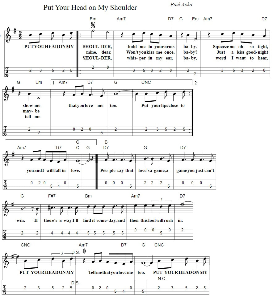 Put Your Head On My Shoulder Easy Sheet Music And Mandolin Tab