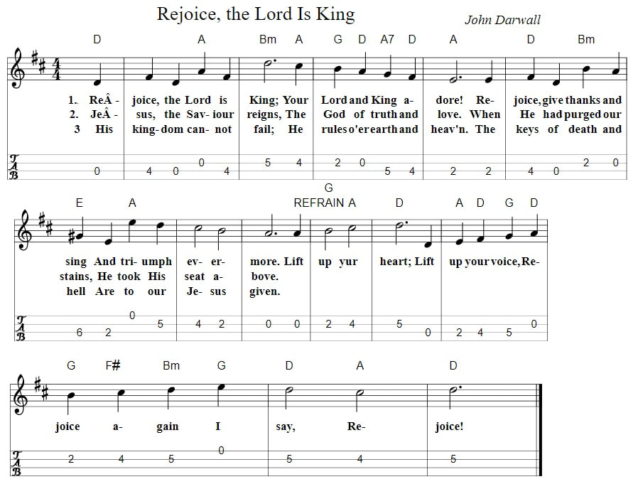 Rejoice the Lord is king sheet music mandolin tab lyrics and chords
