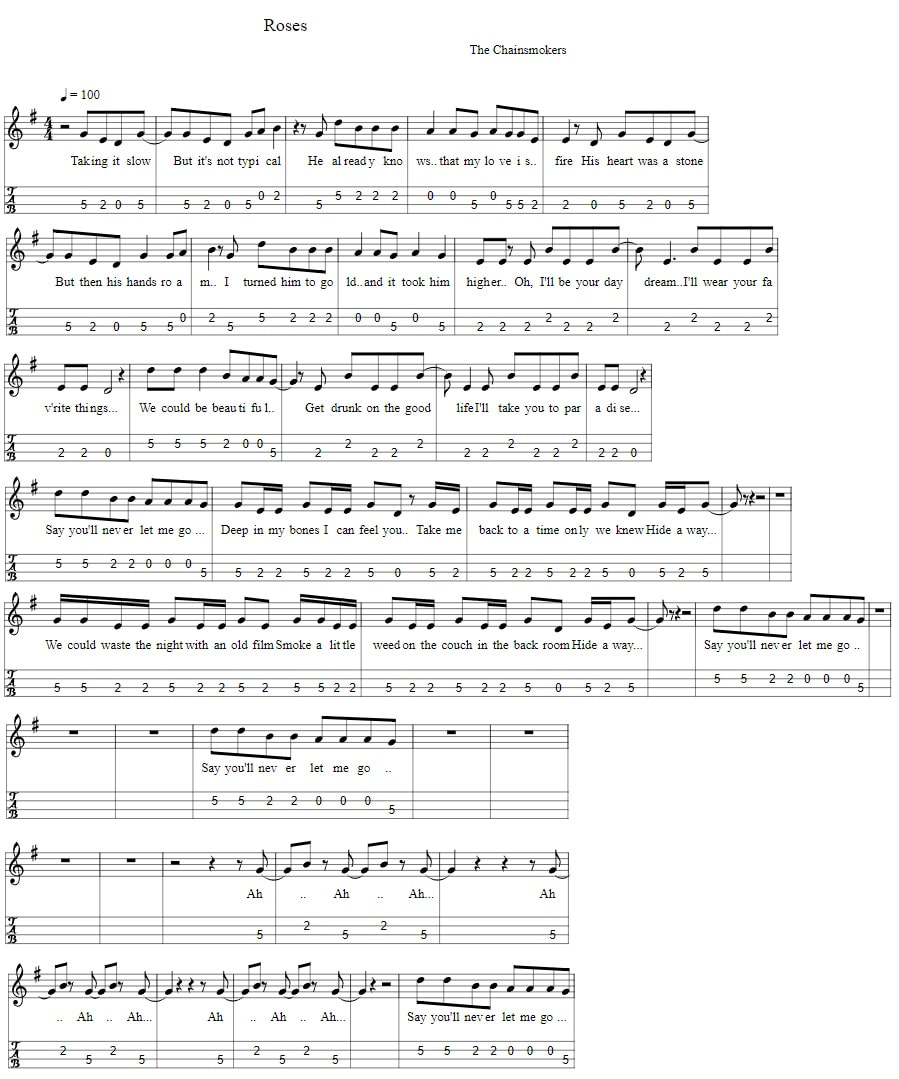 Roses Sheet Music And Mandolin Tab By The Chainsmokers