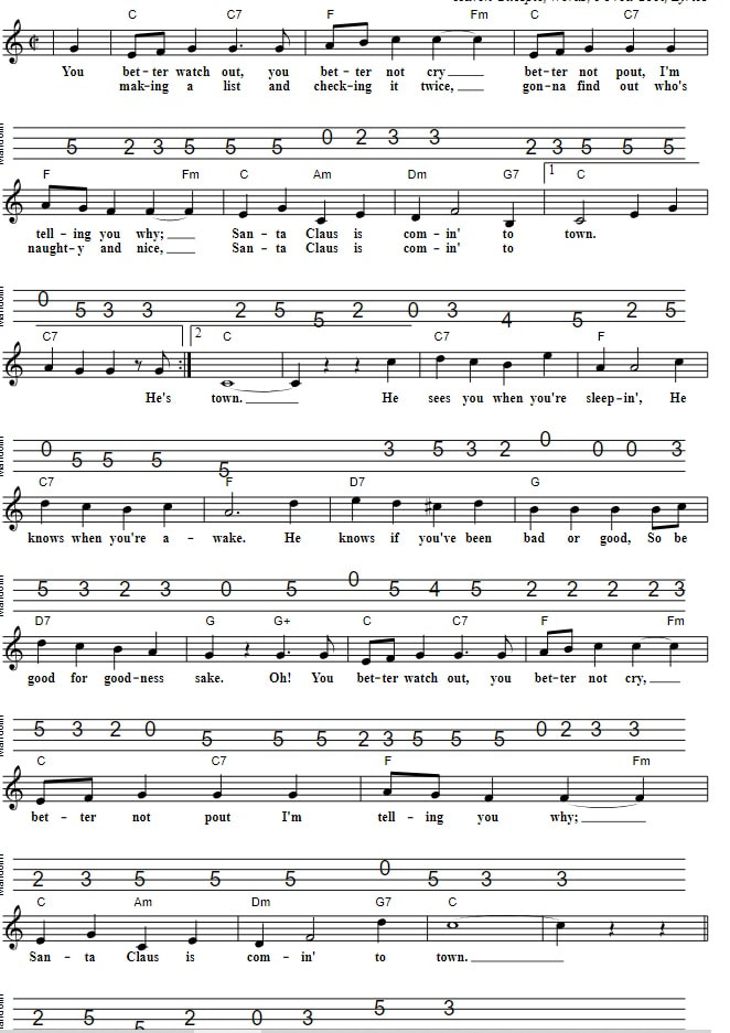 Santa Claus is coming to town sheet music in C for mandolin