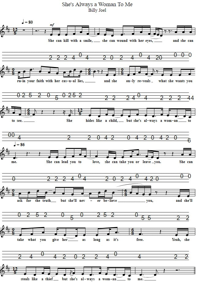 She's Always A Woman To Me Sheet Music And Mandolin Tab