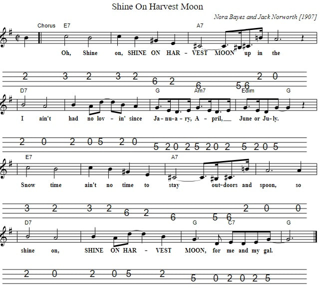 Shine on harvest moon sheet music notes for mandolin