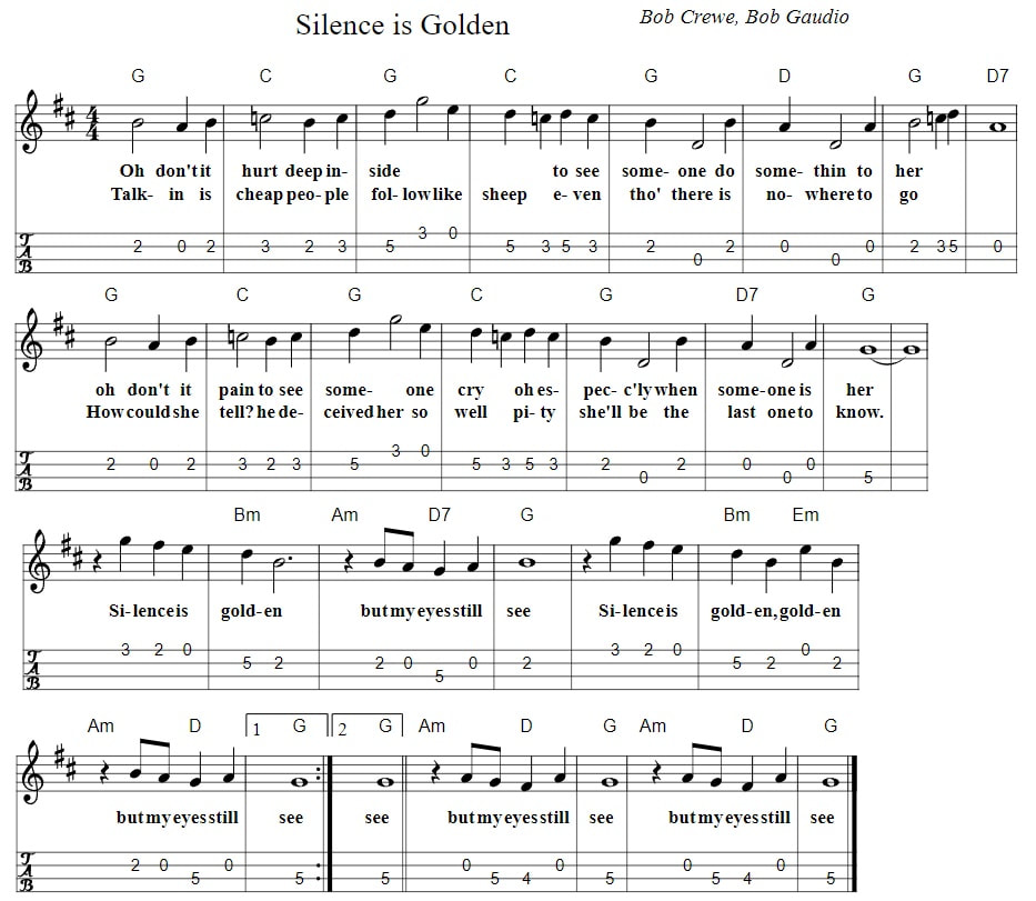 Silence is golden piano sheet music with chords and mandolin tab