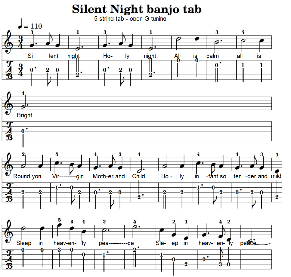 Silent night banjo / mandolin fingerstyle tab in open G tuning