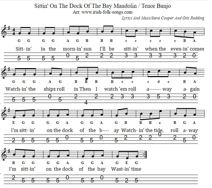 Sittin' On The Dock Of The Bay Mandolin/Banjo Tab in G Major