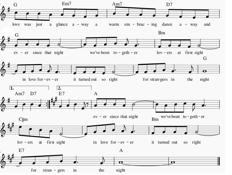 Strangers in the night sheet music in the key of G with lyrics and chords