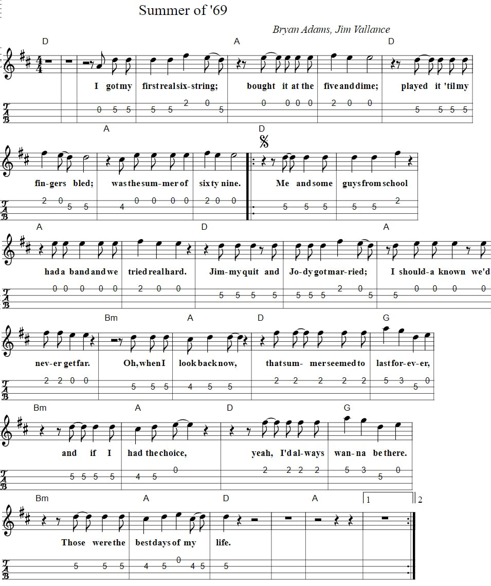 Summer of 69 piano sheet music chords and mandolin tab