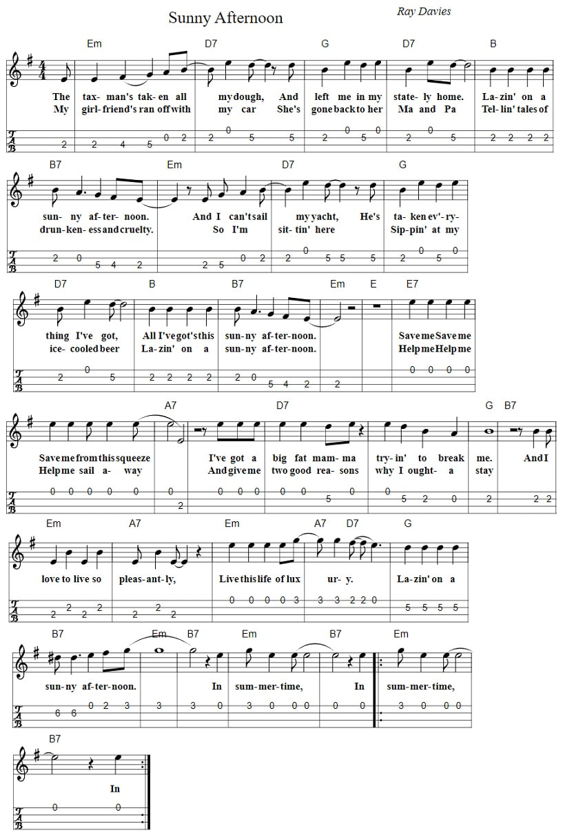 Sunny afternoon piano sheet music with chords by The Kinks