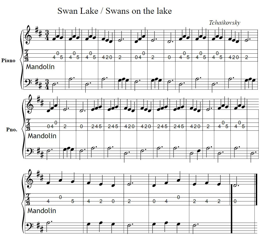 Swan lake piano sheet music in G Major with mandolin tab