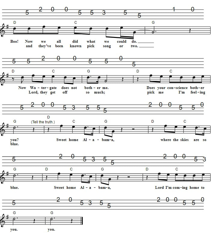 sweet home Alabame banjo tab with chords page three