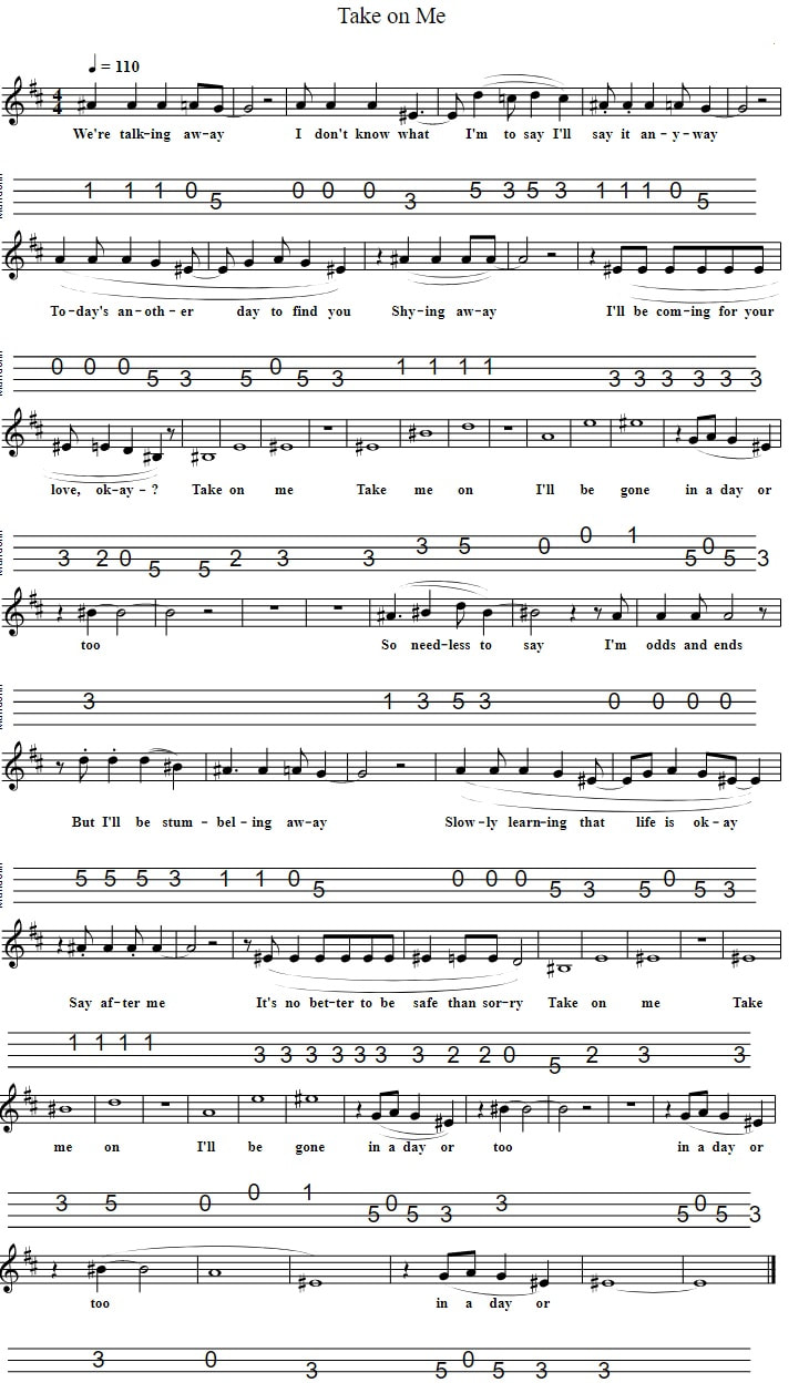 Take On Me A-Ha Mandolin Sheet Music Tab