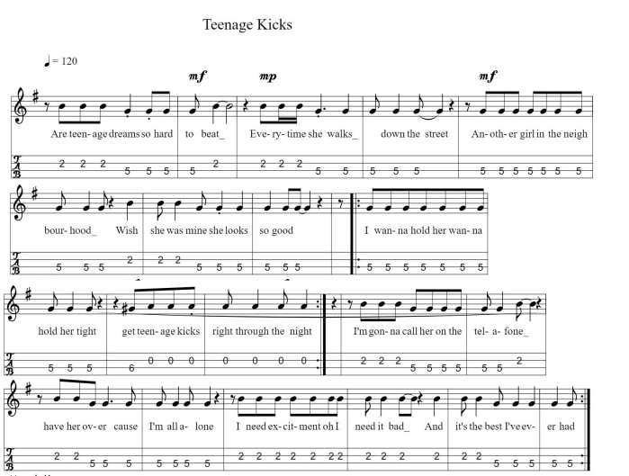 Teenage Kicks Sheet Music And Mandolin Tab - Tenor Banjo Tabs