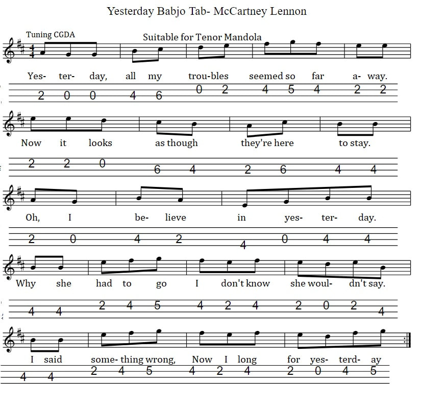 Tenor mandola tab for yesterday by The Beatles