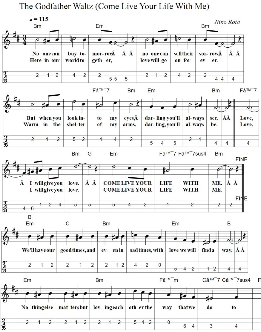 The Godfather waltz come live with me sheet music and mandolin tab